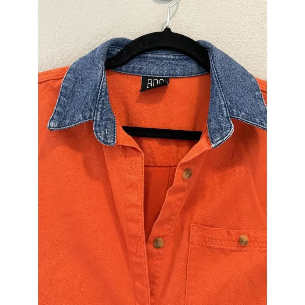 BDG Urban Outfitters Orange Cotton Button Up with Denim Collar, Mens' Medium